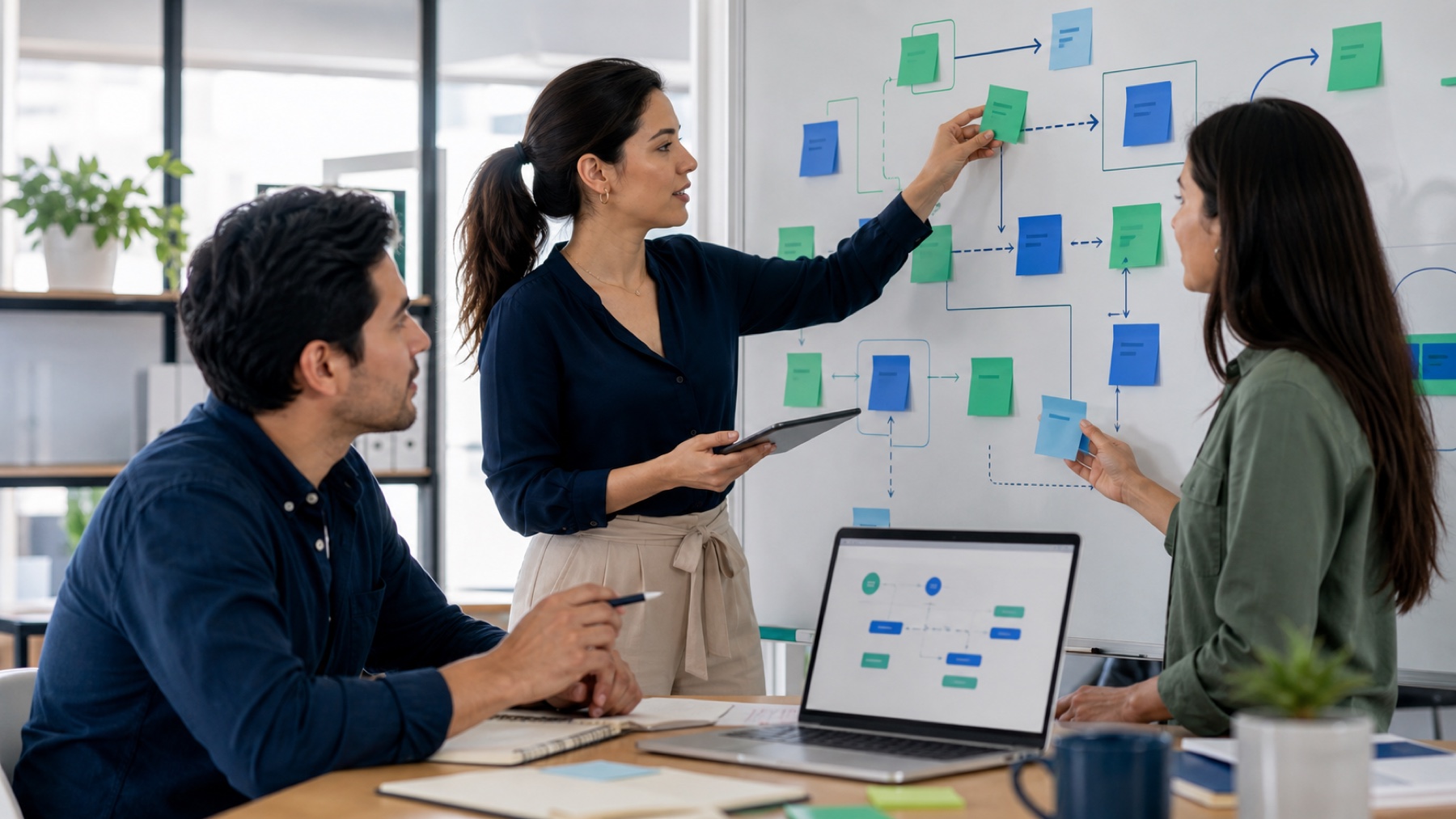 Equipo de una pyme ordenando un flujo de trabajo con notas y una pantalla digital